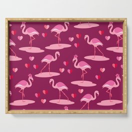 Valentine's Flamingos in love burgundy pattern Serving Tray