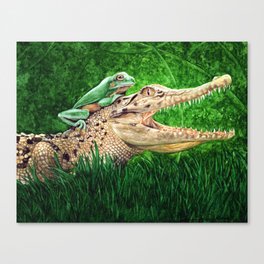 Crocodile Wearing a Frog as a Hat Canvas Print