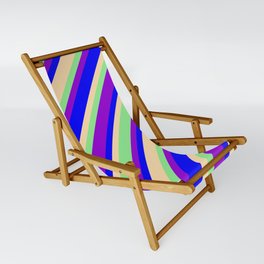 [ Thumbnail: Light Green, Dark Violet, Blue & Tan Colored Lines Pattern Sling Chair ]
