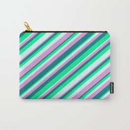 [ Thumbnail: Plum, Teal, Green & Light Cyan Colored Striped Pattern Carry-All Pouch ]