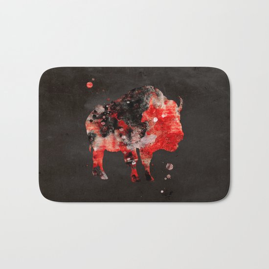 Watercolor Buffalo Bison Painting Black Red Grunge Bath Mat
