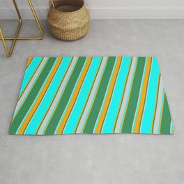 [ Thumbnail: Cyan, Orange, Sea Green, and Light Grey Colored Lined Pattern Rug ]