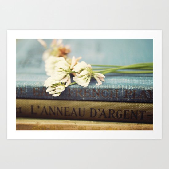 vintage books and clovers Art Print