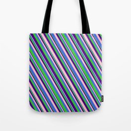 [ Thumbnail: Pink, Royal Blue, Lime Green, and Indigo Colored Lined/Striped Pattern Tote Bag ]