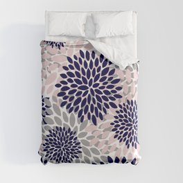 Abstract, Floral Prints, Navy Blue, Grey and Pink Duvet Cover