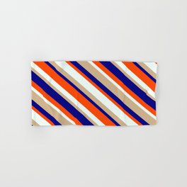 [ Thumbnail: Tan, Blue, Red, and Mint Cream Colored Stripes Pattern Hand & Bath Towel ]
