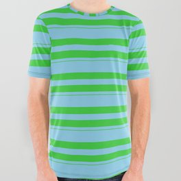 [ Thumbnail: Sky Blue & Lime Green Colored Stripes/Lines Pattern All Over Graphic Tee ]