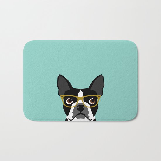 Darby - Boston Terrier pet design with hipster glasses in bold and modern colors for pet lovers Bath Mat