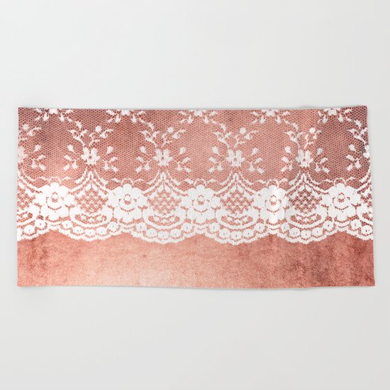 White floral luxury lace on pink rosegold grunge backround Beach Towel
