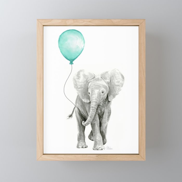 Baby Elephant with Aqua Balloon Framed Mini Art Print