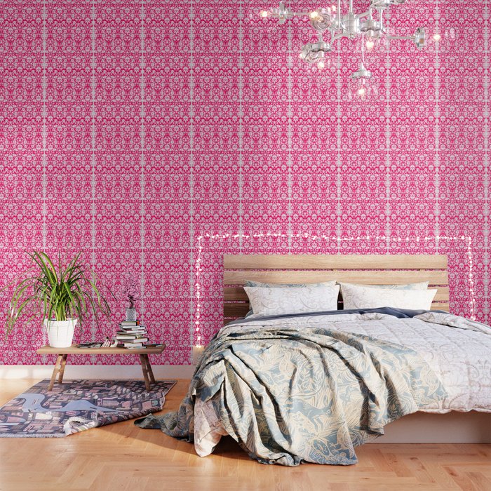 Hot Pink and White Damask Pattern