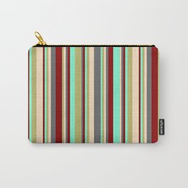 [ Thumbnail: Aquamarine, Dark Khaki, Bisque, Dim Gray & Dark Red Colored Striped/Lined Pattern Carry-All Pouch ]