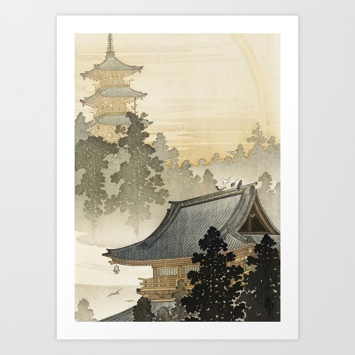 Japanese Pagoda and Rainbow - Vintage Japanese Woodblock Print Art Print
