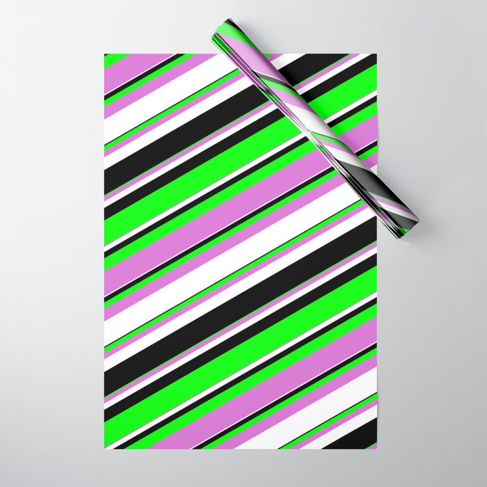 Lime, Orchid, White & Black Colored Lined/Striped Pattern Wrapping Paper