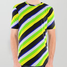 [ Thumbnail: Colorful Blue, Lavender, Green, Yellow, and Black Colored Stripes Pattern All Over Graphic Tee ]