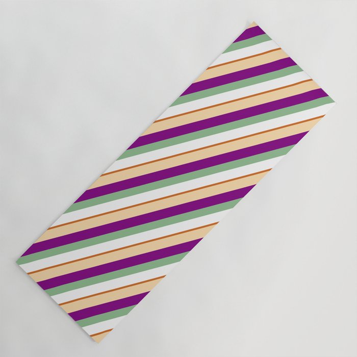 Colorful Tan, Purple, Dark Sea Green, White, and Chocolate Colored Lines/Stripes Pattern Yoga Mat