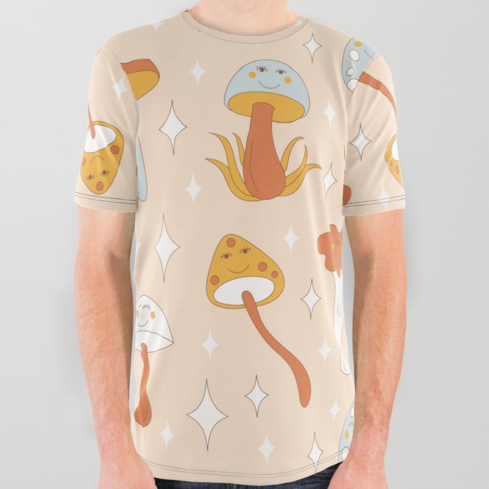 Retro mushrooms with smiles and sparkles. Seamless pattern.  All Over Graphic Tee