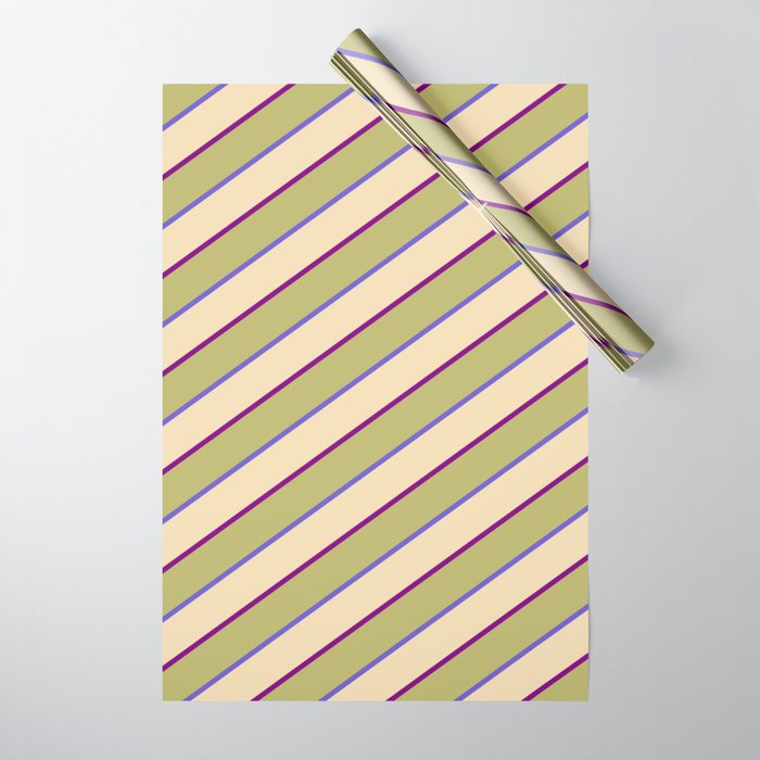 Dark Khaki, Slate Blue, Tan & Purple Colored Striped/Lined Pattern Wrapping Paper