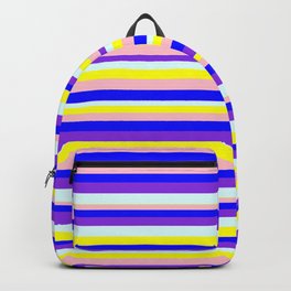 [ Thumbnail: Eyecatching Pink, Blue, Purple, Light Cyan & Yellow Colored Striped Pattern Backpack ]