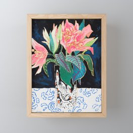 Swan Vase with Pink Lily Flower Bouquet on Dark Blue and Black Winter Floral Framed Mini Art Print