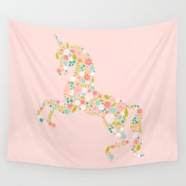 Floral Unicorn in Pink Wall Tapestry
