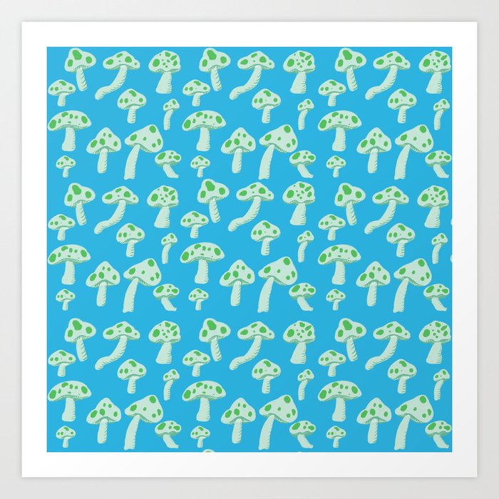 Cute Mint Green Mushroom Pattern over Blue Art Print