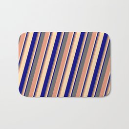 [ Thumbnail: Dim Gray, Dark Salmon, Tan & Blue Colored Lined/Striped Pattern Bath Mat ]