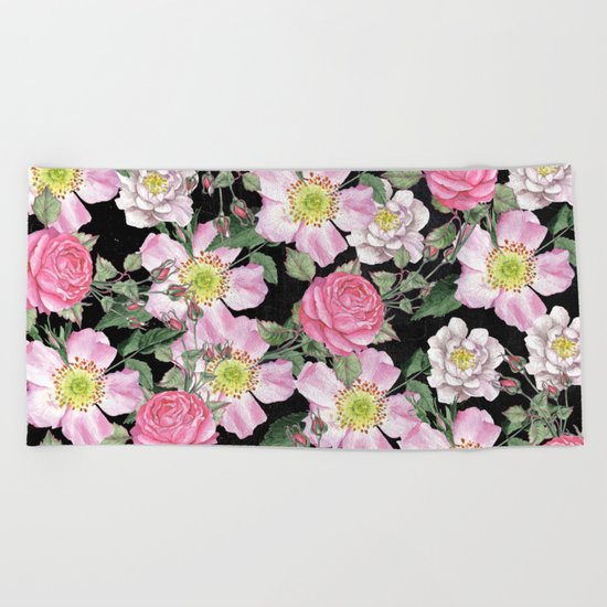 Vintage Rose Pattern Pink On Chalkboard Beach Towel