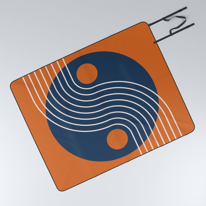 Geometric Lines and Shapes 15 in Navy Blue Orange Picnic Blanket