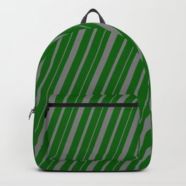 [ Thumbnail: Dark Green and Gray Colored Lined Pattern Backpack ]