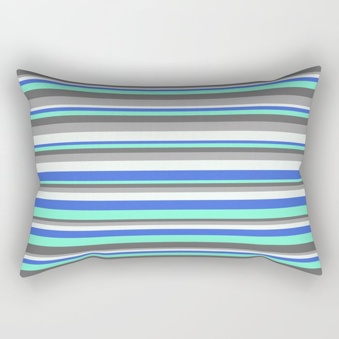 Colorful Royal Blue, Aquamarine, Dim Grey, Dark Grey & Mint Cream Colored Lined/Striped Pattern Rectangular Pillow