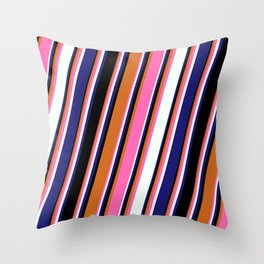[ Thumbnail: Chocolate, Hot Pink, Mint Cream, Midnight Blue & Black Colored Lines/Stripes Pattern Throw Pillow ]