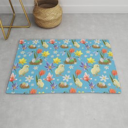 Colorful pattern with easter chicks, easter nests, tulips, daffodils, crocuses, wood anemones Area & Throw Rug