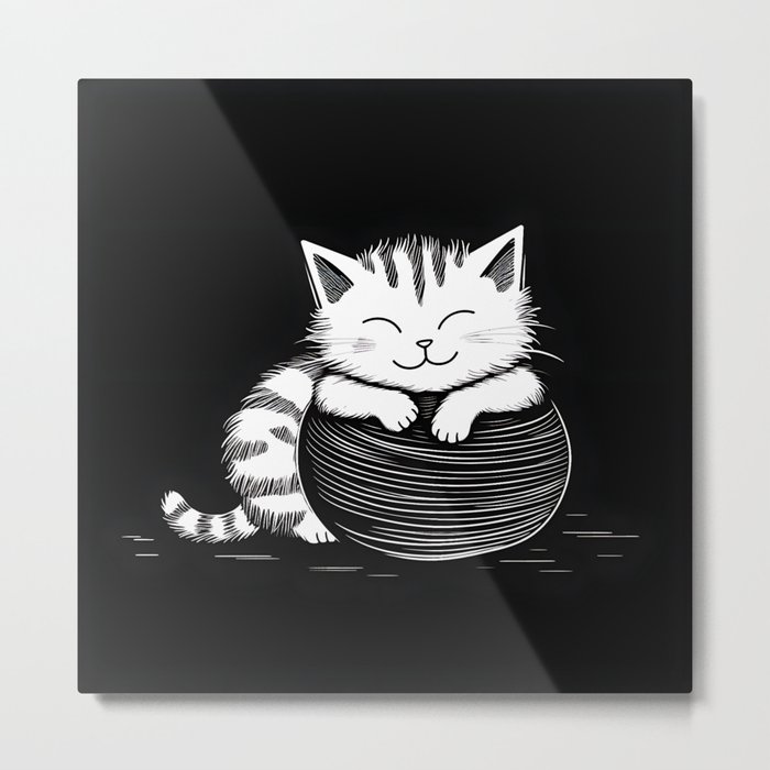 Lazy Cat with Ball Knitting Metal Print