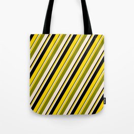 [ Thumbnail: Yellow, Green, Beige, and Black Colored Lines/Stripes Pattern Tote Bag ]