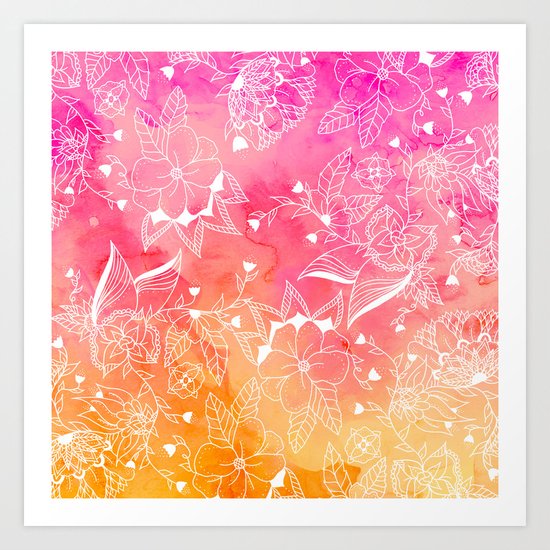 Modern summer pink orange sunset watercolor floral hand drawn illustration Art Print