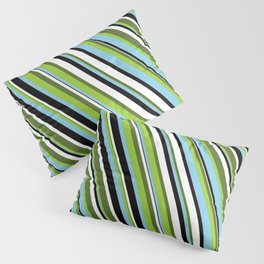 [ Thumbnail: Eye-catching Dark Olive Green, Green, Sky Blue, Black & White Colored Stripes/Lines Pattern Pillow Sham ]