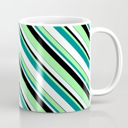 [ Thumbnail: Green, Teal, Mint Cream & Black Colored Lined Pattern Coffee Mug ]