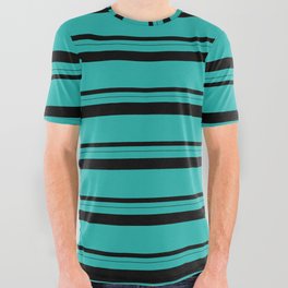 [ Thumbnail: Light Sea Green & Black Colored Pattern of Stripes All Over Graphic Tee ]