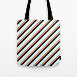 [ Thumbnail: Brown, Light Salmon, Black & Light Cyan Colored Stripes Pattern Tote Bag ]