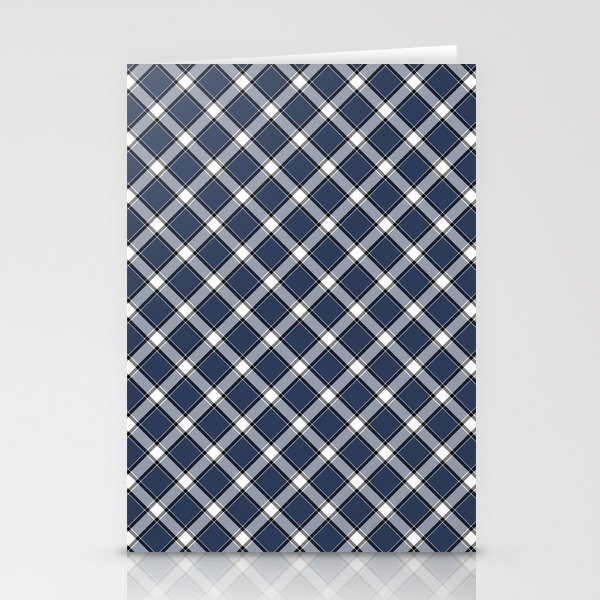 Navy Blue, White, and Black Diagonal Plaid Pattern Stationery Cards