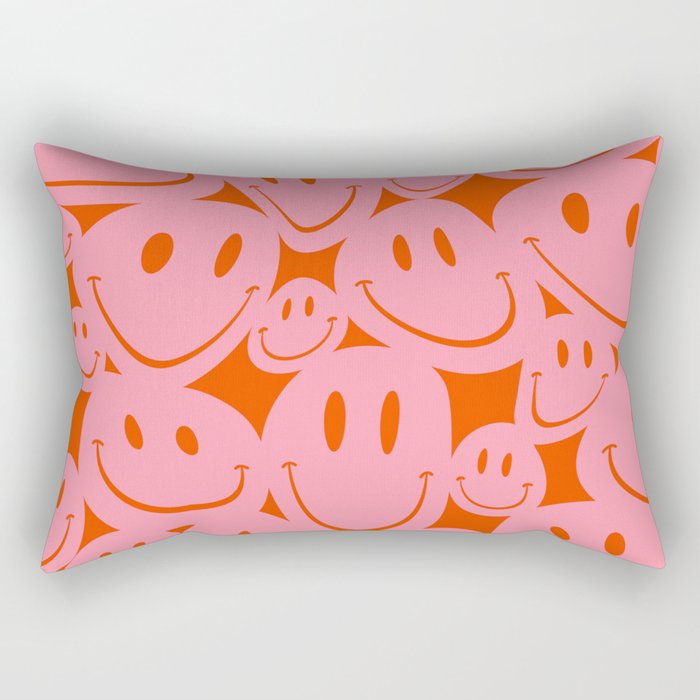 Retro Wonky Smiley Faces in Pink & Orange Rectangular Pillow