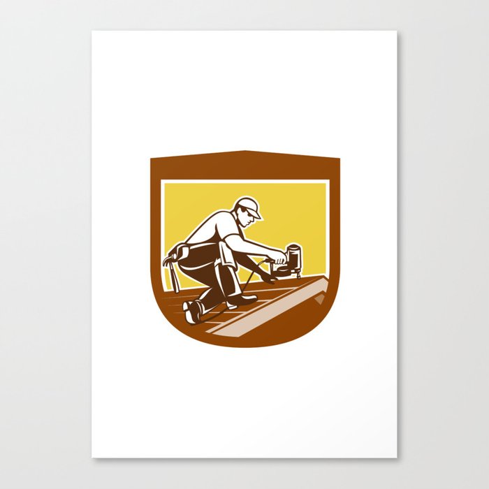 Roofer Roofing Worker Crest Shield Retro Canvas Print