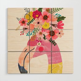 Pink flamingo with flowers on head Wood Wall Art