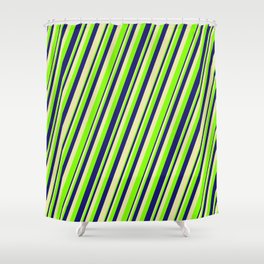[ Thumbnail: Pale Goldenrod, Chartreuse & Midnight Blue Colored Lines Pattern Shower Curtain ]