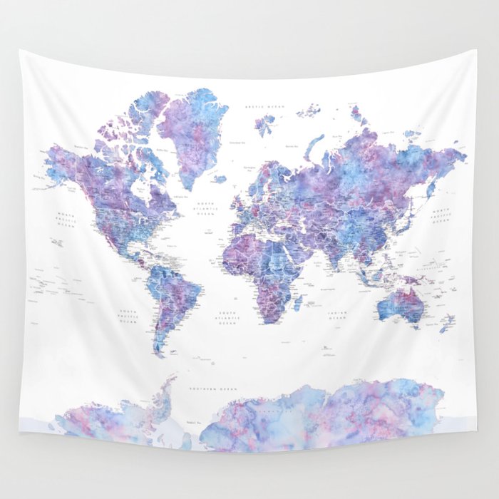 Purple watercolor detailed world map Raul Wall Tapestry