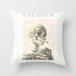 Vincent Van Gogh - Skull of a skeleton with burning cigarette (version with text & rosy background) Throw Pillow