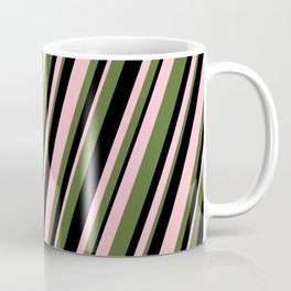 [ Thumbnail: Pink, Dark Olive Green & Black Colored Stripes Pattern Coffee Mug ]