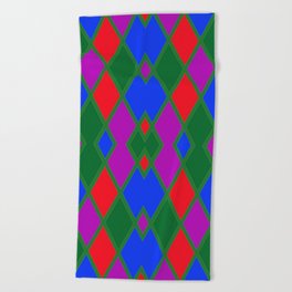 Argyle Pattern Using Red Green Blue and Purple Diamonds Outlined in Green Lines Beach Towel