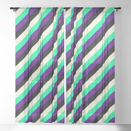 [ Thumbnail: Beige, Green, Indigo & Black Colored Striped/Lined Pattern Sheer Curtain ]